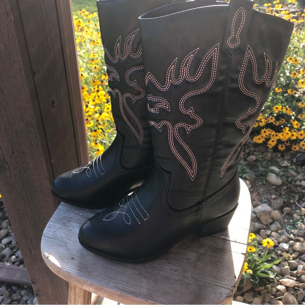 Women Cowgirl Western Boots Round Pointed Toe Pull On Mid Calf Boots Size 6.5 - Picture 2 of 8